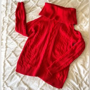 Crown & Ivy Red Cowl Neck Open Shoulder Cable Knit Sweater Size Petite Small